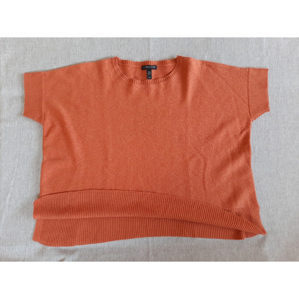 Eileen Fisher Womens Large Knit Waffle Slit Stretch Top Blouse Orange Wool Blend